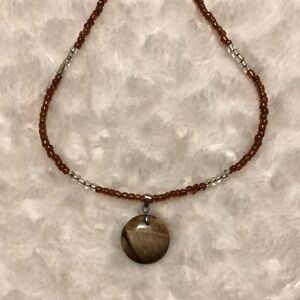 Tigers Eye Beaded Necklace Round Crystal Pendant Silver Tone Genuine Gemstone
